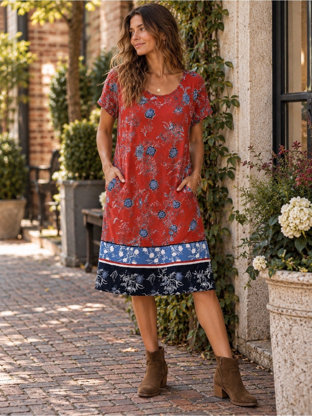 J. Jill Wearever Petite Floral Border Print Knit Shift Dress MP Pockets
